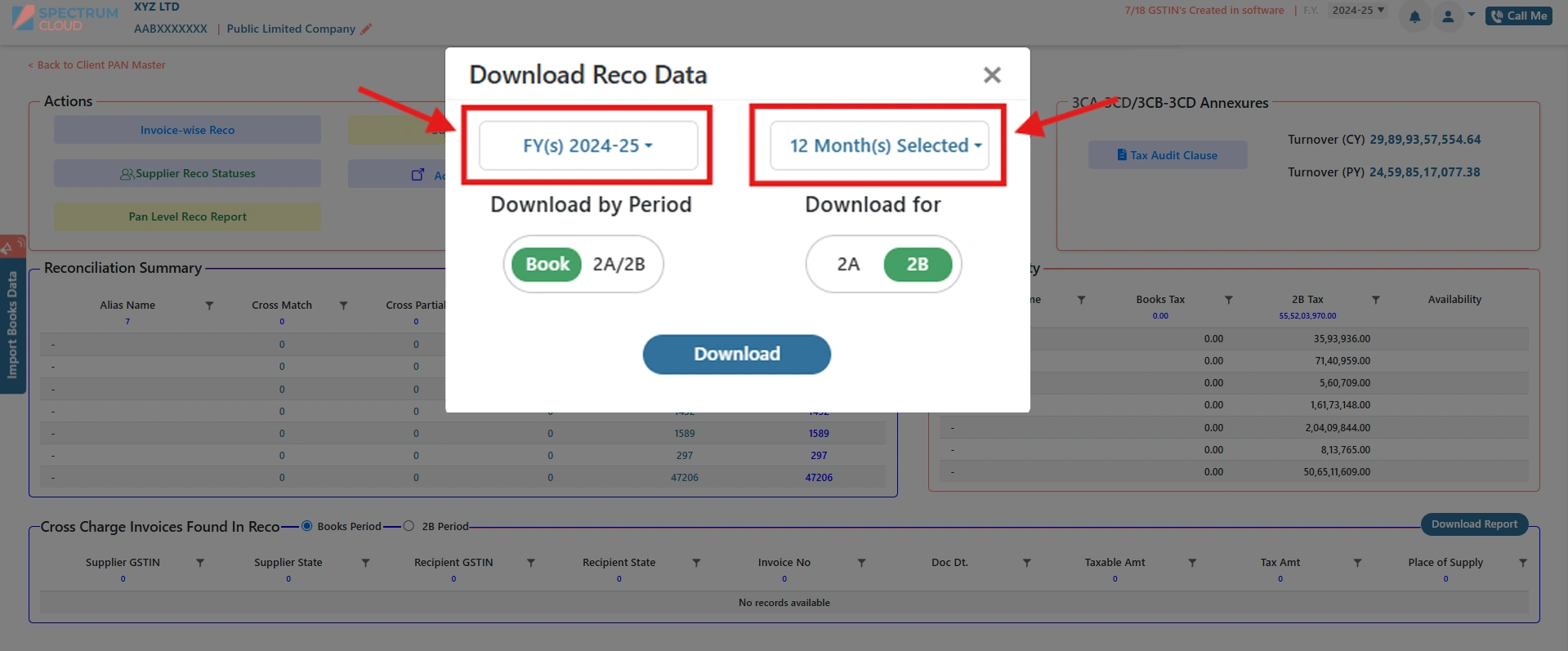 Step 4: choosing the financial year or month for the PAN-level reconciliation report in Spectrum Cloud Enterprise