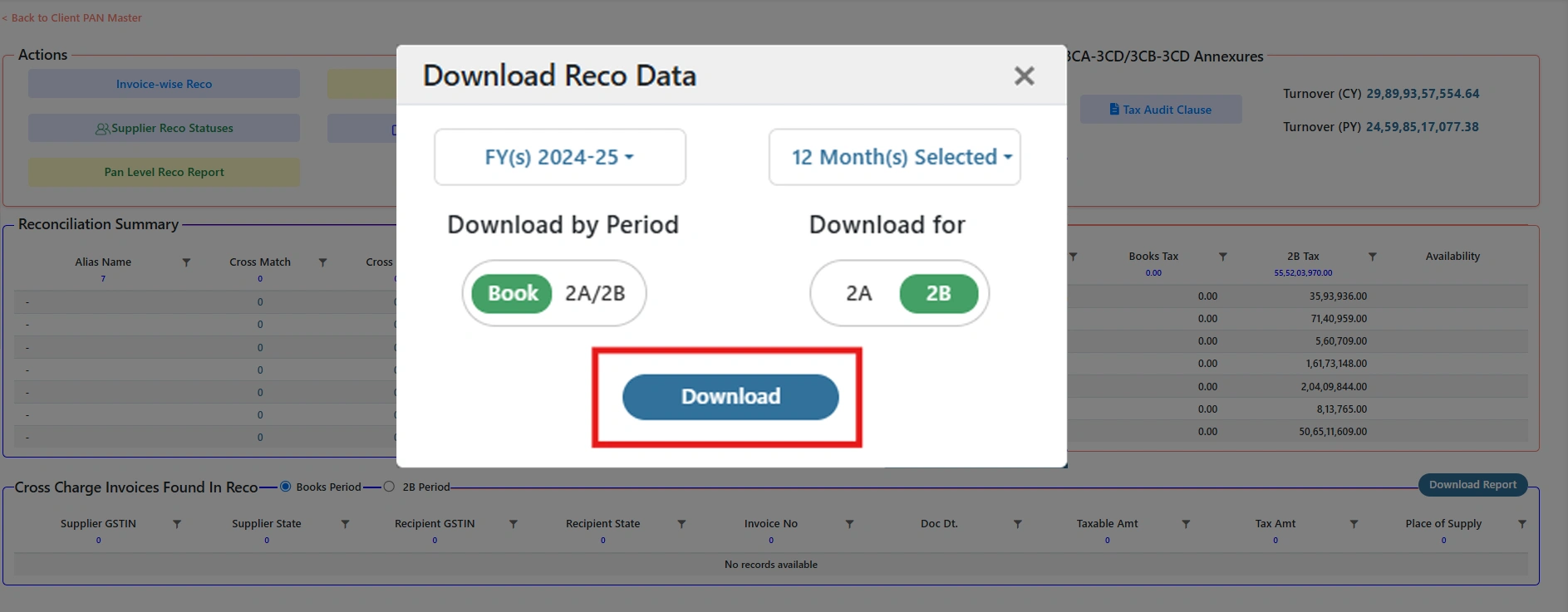 Step 5: downloading the PAN-level reconciliation report in Excel format from Spectrum Cloud Enterprise