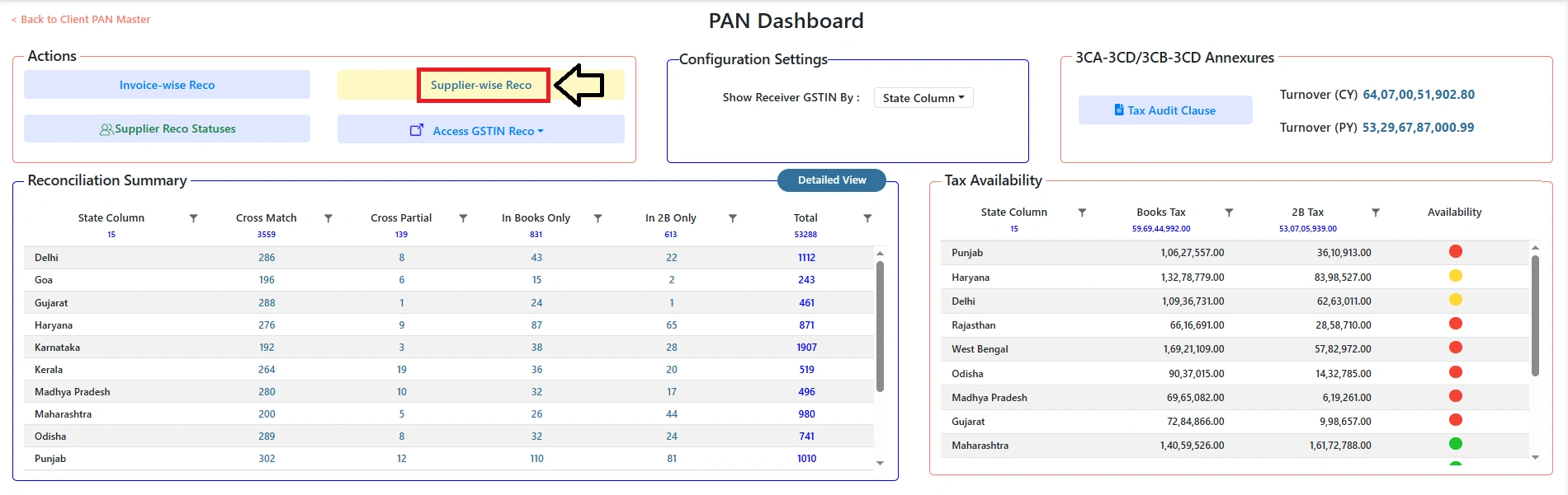 Spectrum Cloud Enterprise supplier-wise reconciliation screen matching supplier-specific data between books and GST filings