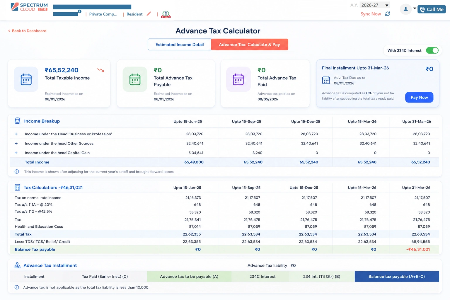 Spectrum Cloud advance tax calculator dashboard screen